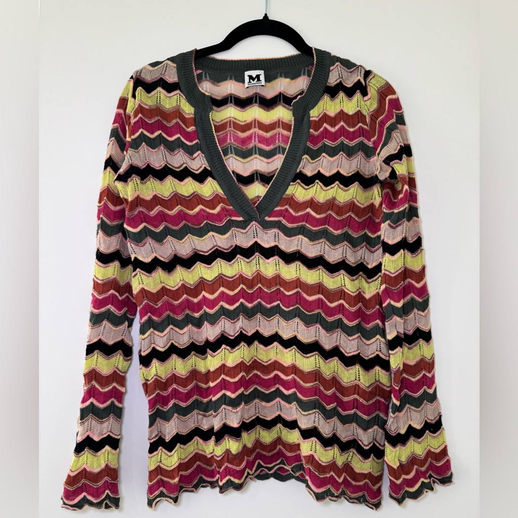 M Missoni Multicolor Chevron Zig Zag V Neck Cotton/Linen Sweater Sz 6